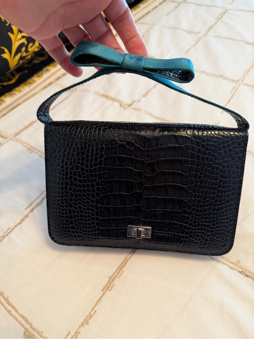 Boss Black Croc-Embossed Bag with Teal Bow Strap